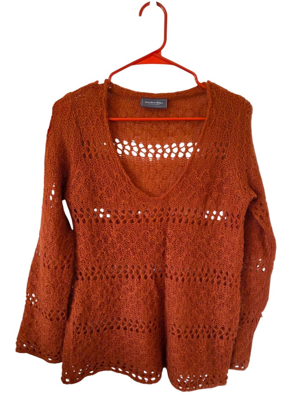 Wooden Ships Womens Open Knit V-neck Long Sleeve Sweater Rust Brown S/M